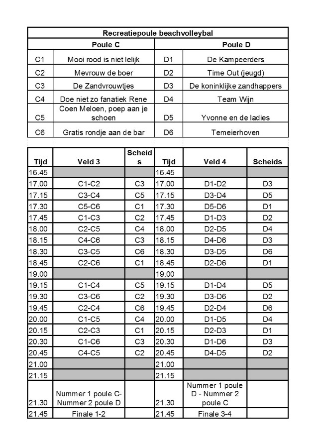 Speelschema Recreatiepoule Beachvolleybal 2017 Cupido